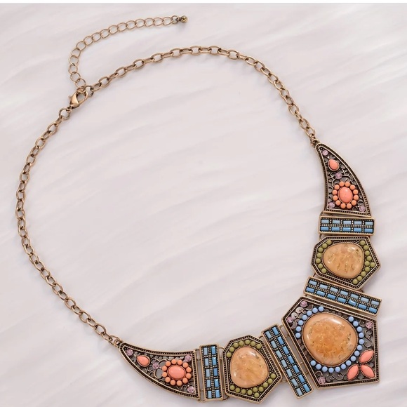 Beaded, Jeweled Vintage Inspired, Bohemian Geometric Statement Necklace - Picture 3 of 7